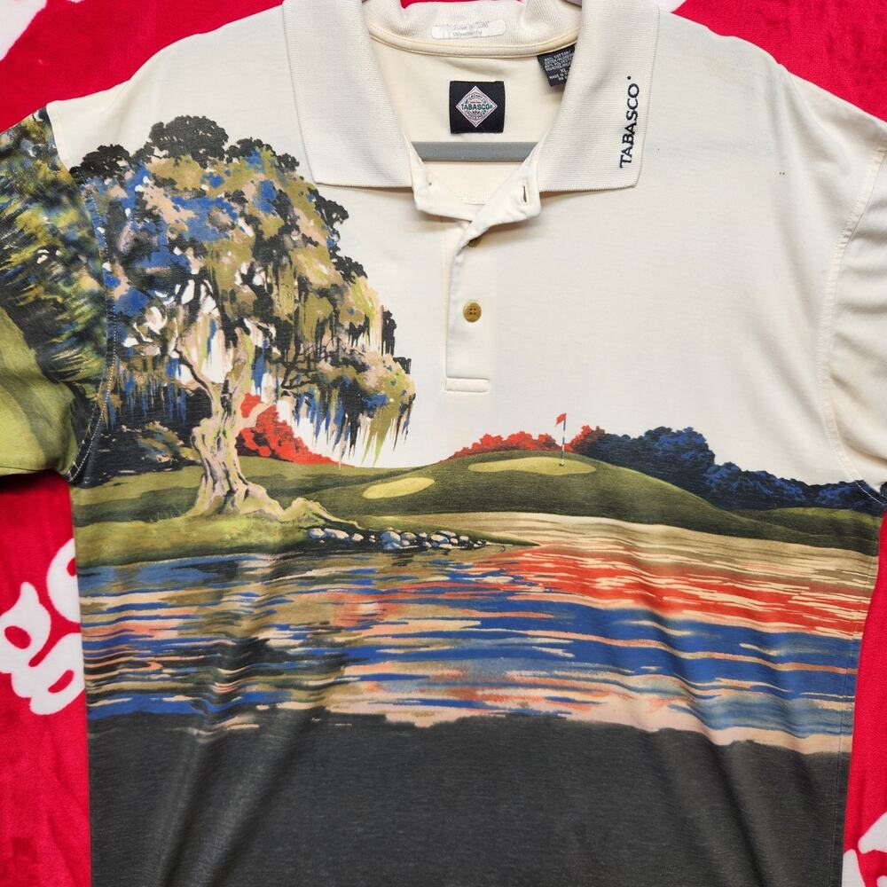 Vintage Tabasco Golf Polo Shirt XL Scenic Golf Course Print Made In Taiwan Mens